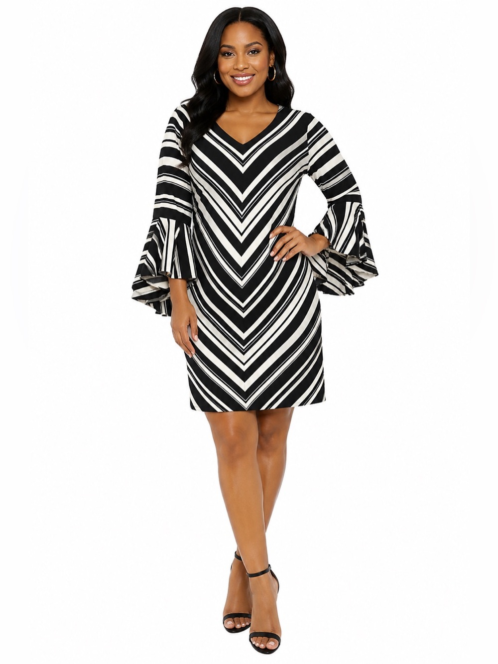 Monochrome Chevron Bell Sleeve Dress